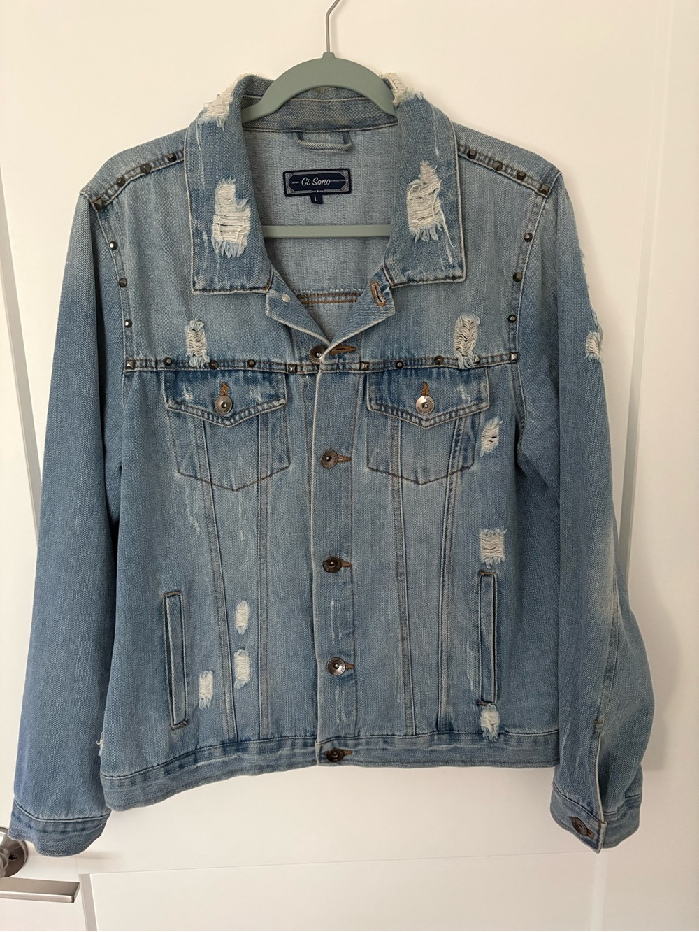 Ci Sono Light Blue Distressed Denim Jacket with Stud Accents